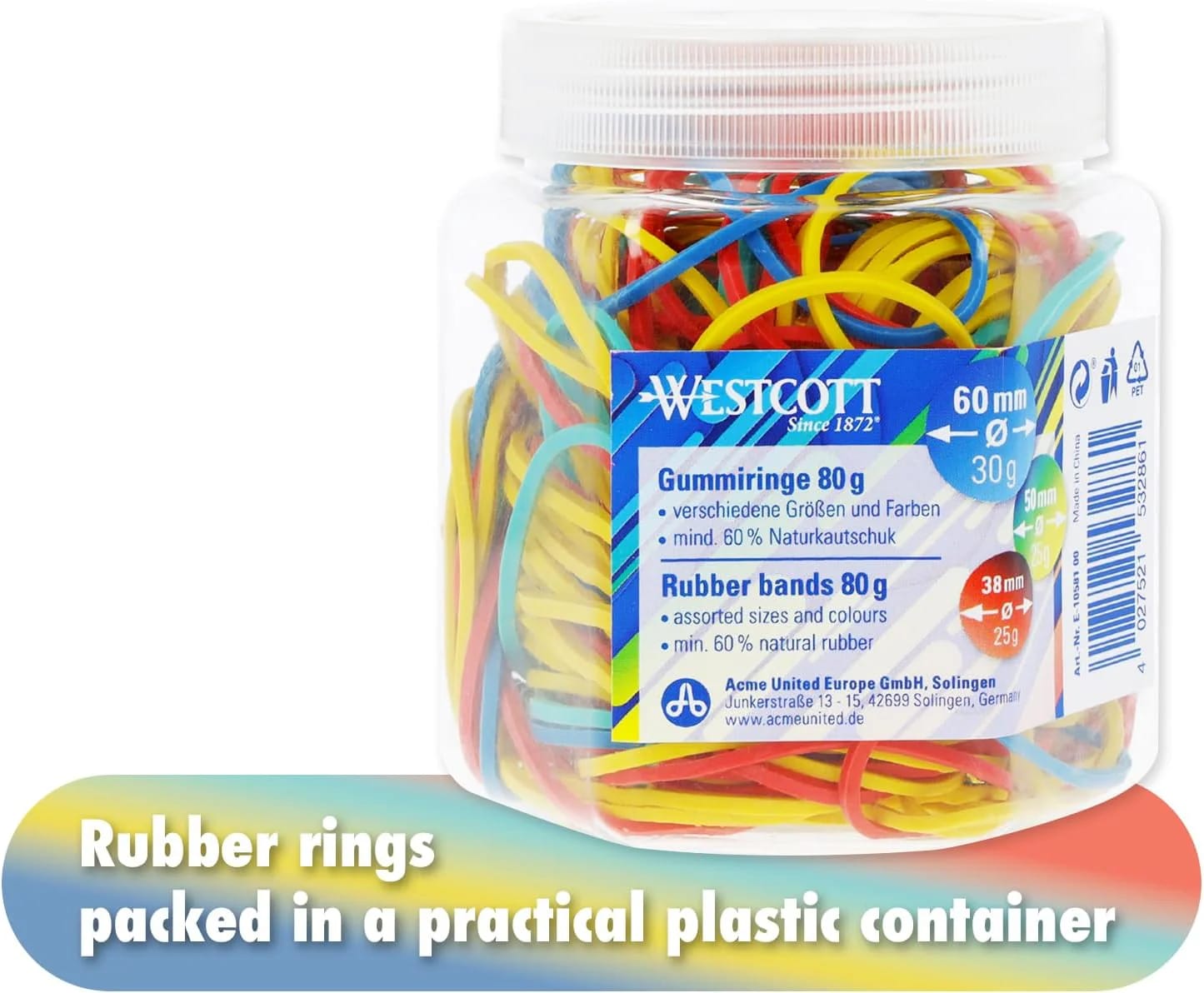 Westcott Rubber Bands 80g | Ca. 170 Colourful rubber rings in various sizes in a handy plastic container | Storage pack of household rubber bands ⌀ 60mm, 50mm & 38mm | E-10581 00