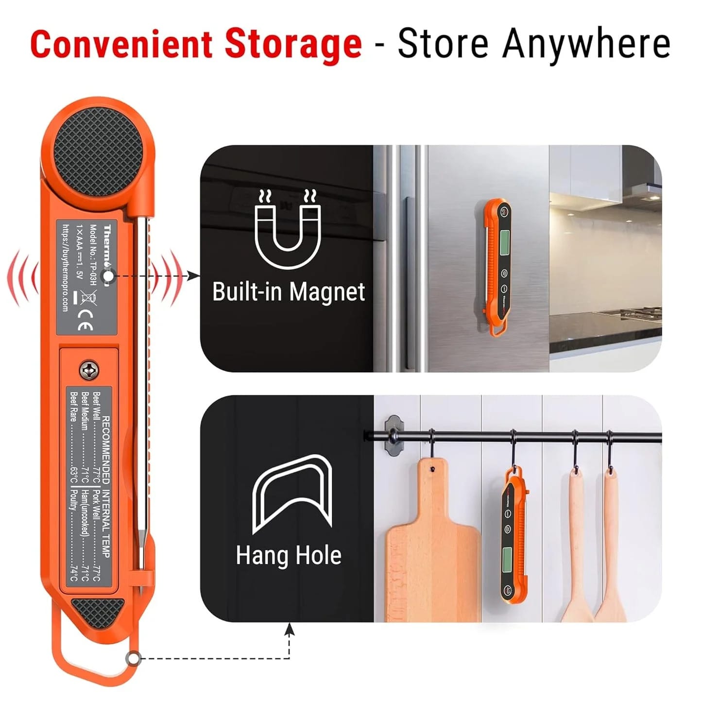 ThermoPro TP03H Digital Meat Thermometer, Foldable Probe with LCD Backlight and IPX6 Waterproof