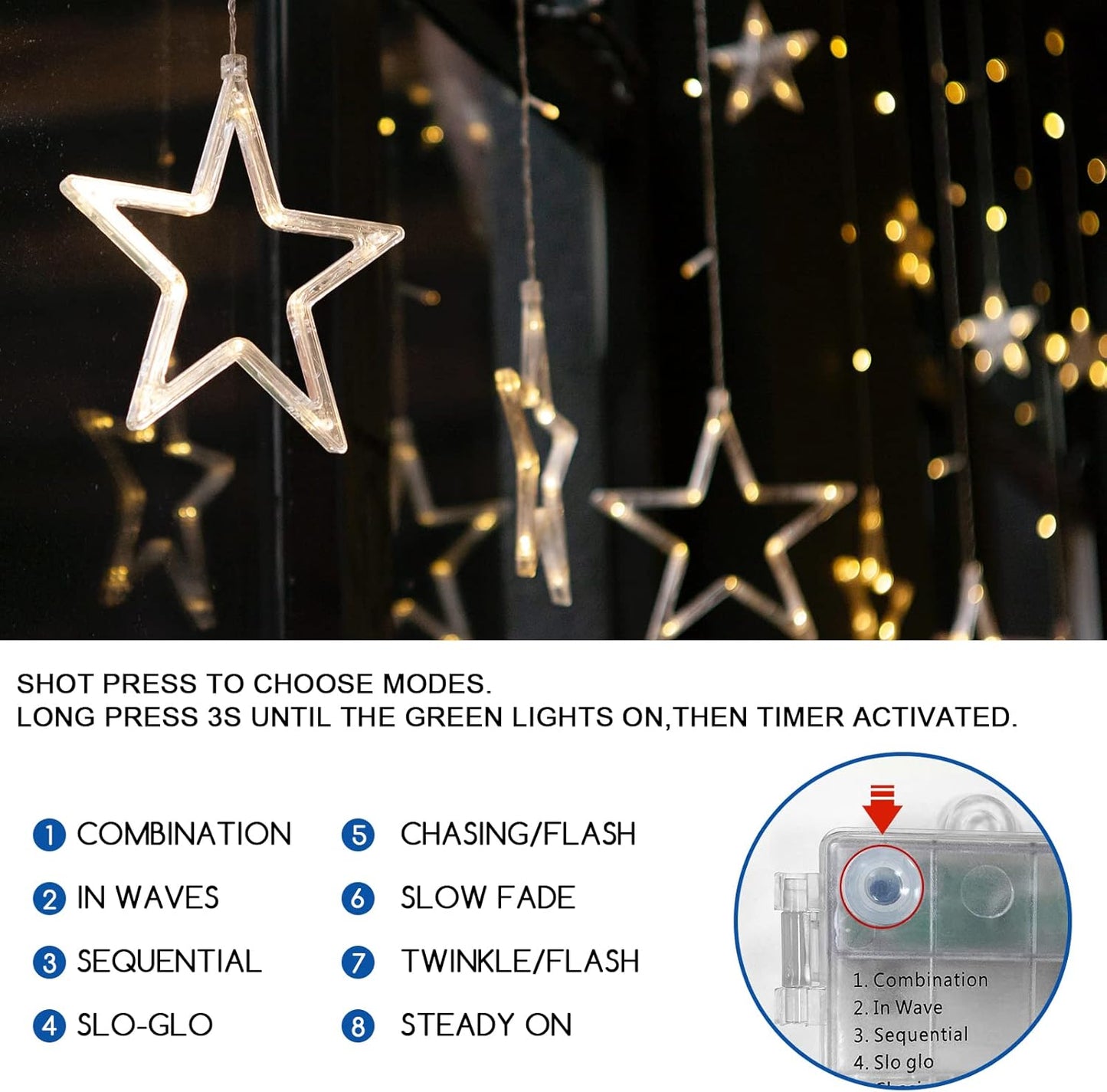 Jsdoin Christmas LED Star Curtain Lights, 12 Stars 138 LEDs, USB or Battery Powered, 8 Flashing Modes, Warm White for Home, Wall, Wedding, and Party Decoration