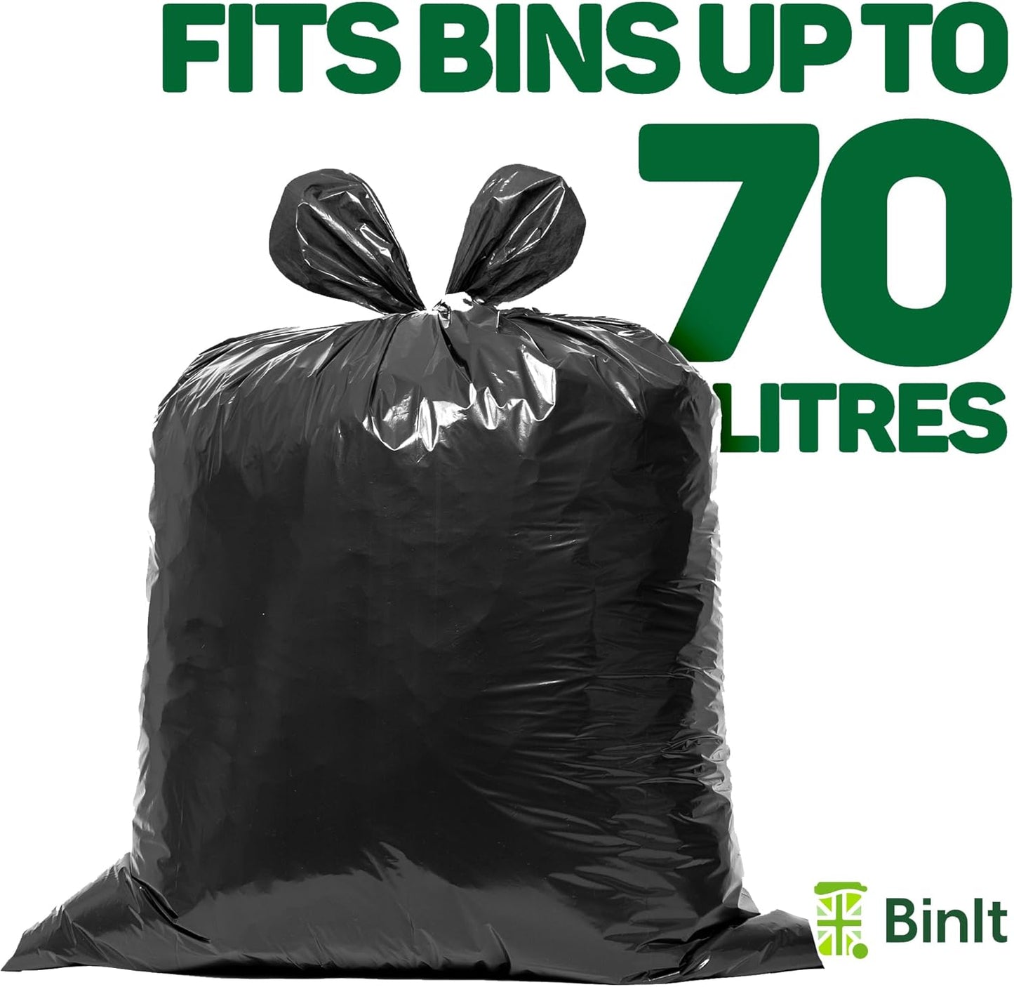 BIN IT 40 Tie Top, Everyday Refuse Sacks, Bin Bags, Bin Liners, 70 Litre, Recycled, Strong, Tear Resistant, 30 μm, Perfect for Every Day Use, Household, Office, Kitchen & Caterers