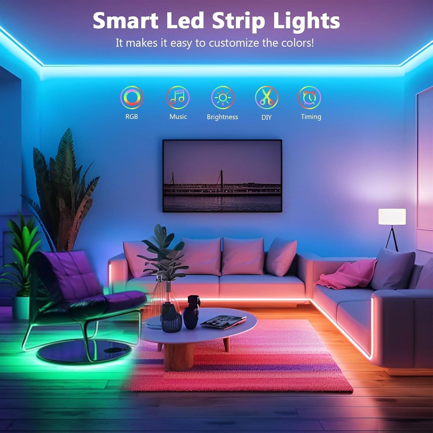 10m RGB LED Strip Lights, Cuttable, Music Sync, Color Changing, Smart App & Remote Control, Flexible LED Lights for Room Decoration