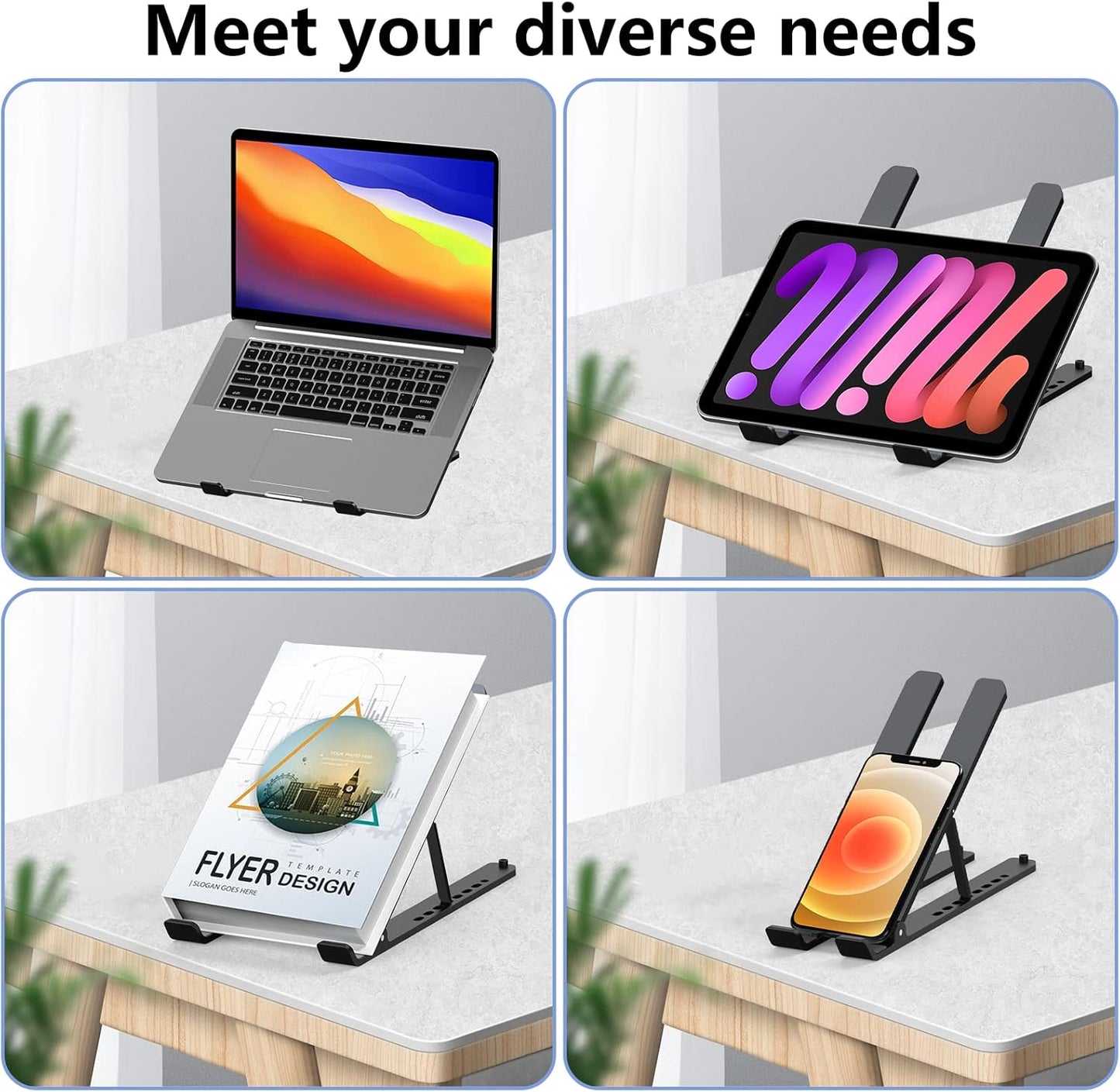 Laptop Stand for Desk, Adjustable Laptop Riser ABS+Silicone Foldable Lap Desk Portable Computer Holder, Ventilated Cooling Notebook Stand for 10-15.6” Laptops,Tablet-Black