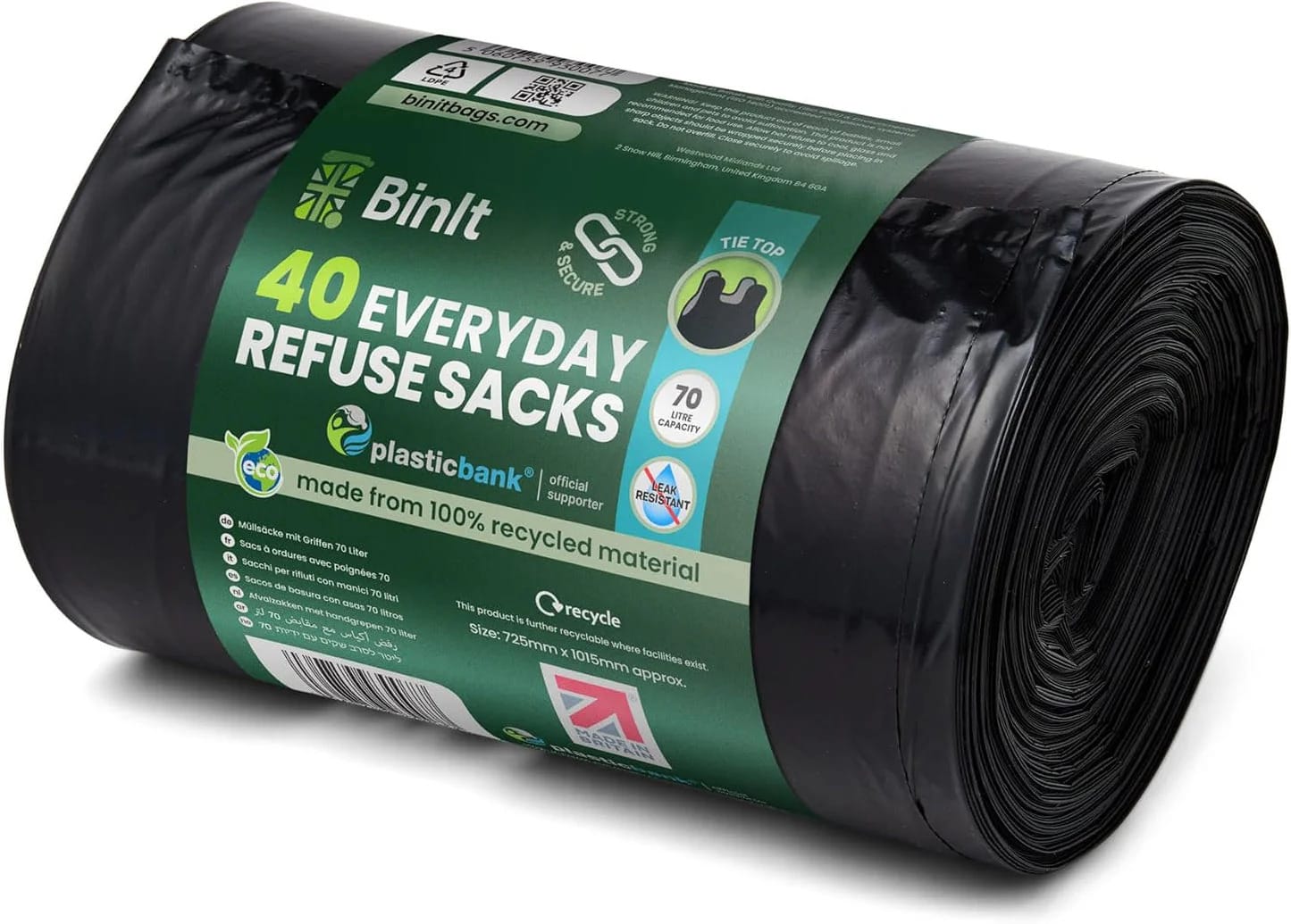 BIN IT 40 Tie Top, Everyday Refuse Sacks, Bin Bags, Bin Liners, 70 Litre, Recycled, Strong, Tear Resistant, 30 μm, Perfect for Every Day Use, Household, Office, Kitchen & Caterers