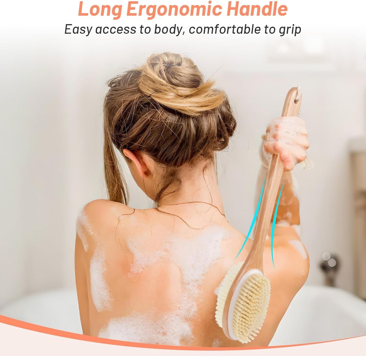 Alyvisun Wooden Back Scrubber with Long Handle, Dual-Sided Bath Brush with Stiff and Soft Bristles