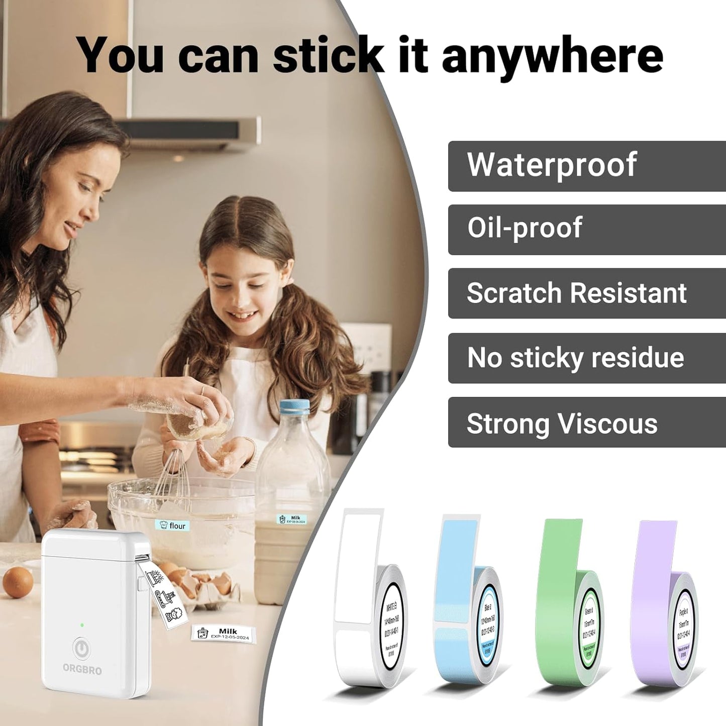 ORGBRO X1 Label Maker Machine with Tape Thermal Portable Bluetooth Label Printer for Smartphones Mini Handheld Sticker Maker with Multiple Templates for School Office Home Kitchen Organization, White