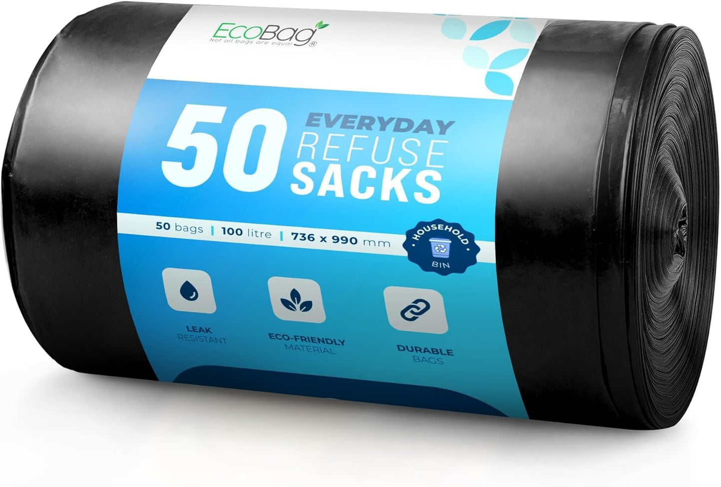 Eco Bag 50 Heavy Duty Bin Liner Refuse Sacks - 100L Black, 736mm x 990mm, 48