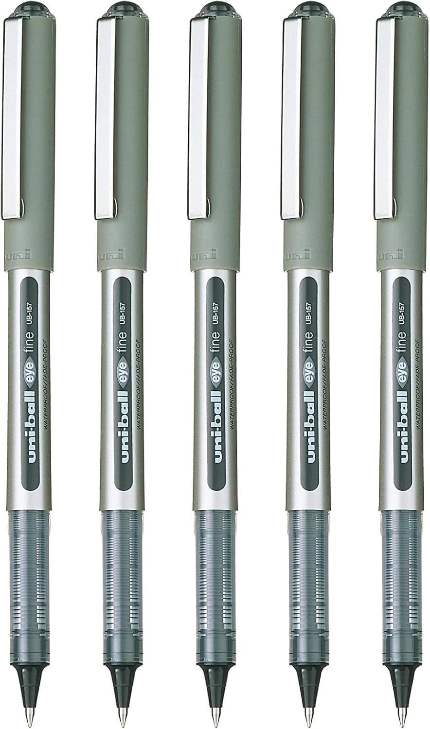 Uni-ball UB-157 Eye Black Rollerball Pens. Premium Fine 0.7mm Ballpoint Tip for Super Smooth Handwriting, Drawing, Art, Crafts and Colouring. Fade and Water Resistant Liquid Uni Super Ink. Pack of 5