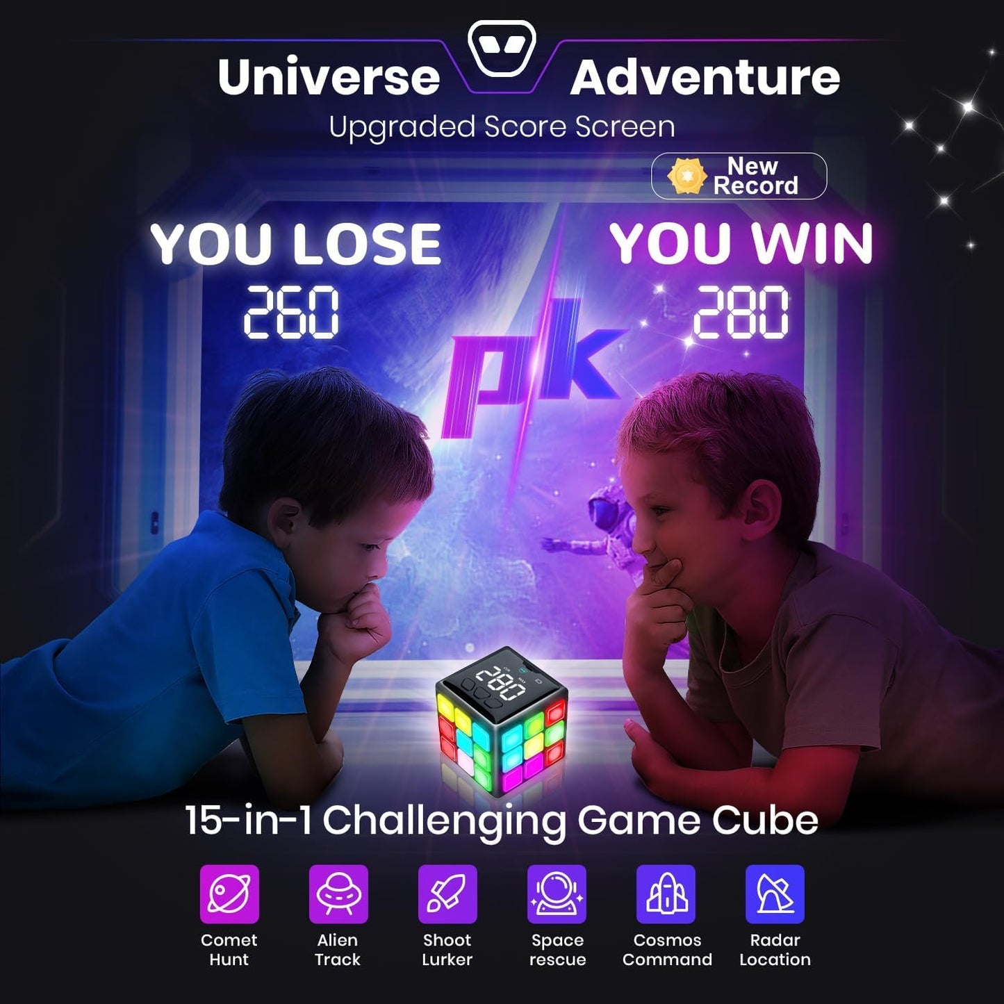 Rechargeable Handheld Game Cube with 15 Brain and Memory Games, Score Screen, Educational Toy for Kids Aged 6–12, Black