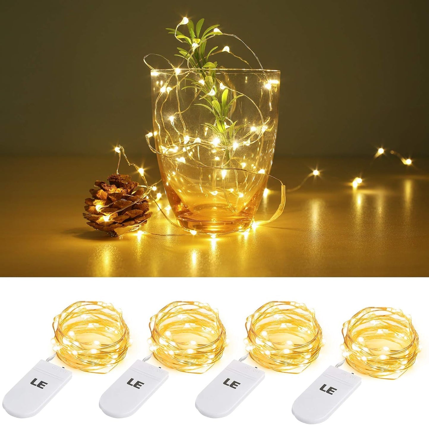 LE 4-Pack Battery Fairy Lights, 1m 20 LEDs, Warm White Mini Copper Wire, Battery Operated, Indoor/Outdoor Christmas, Halloween & Party Decor
