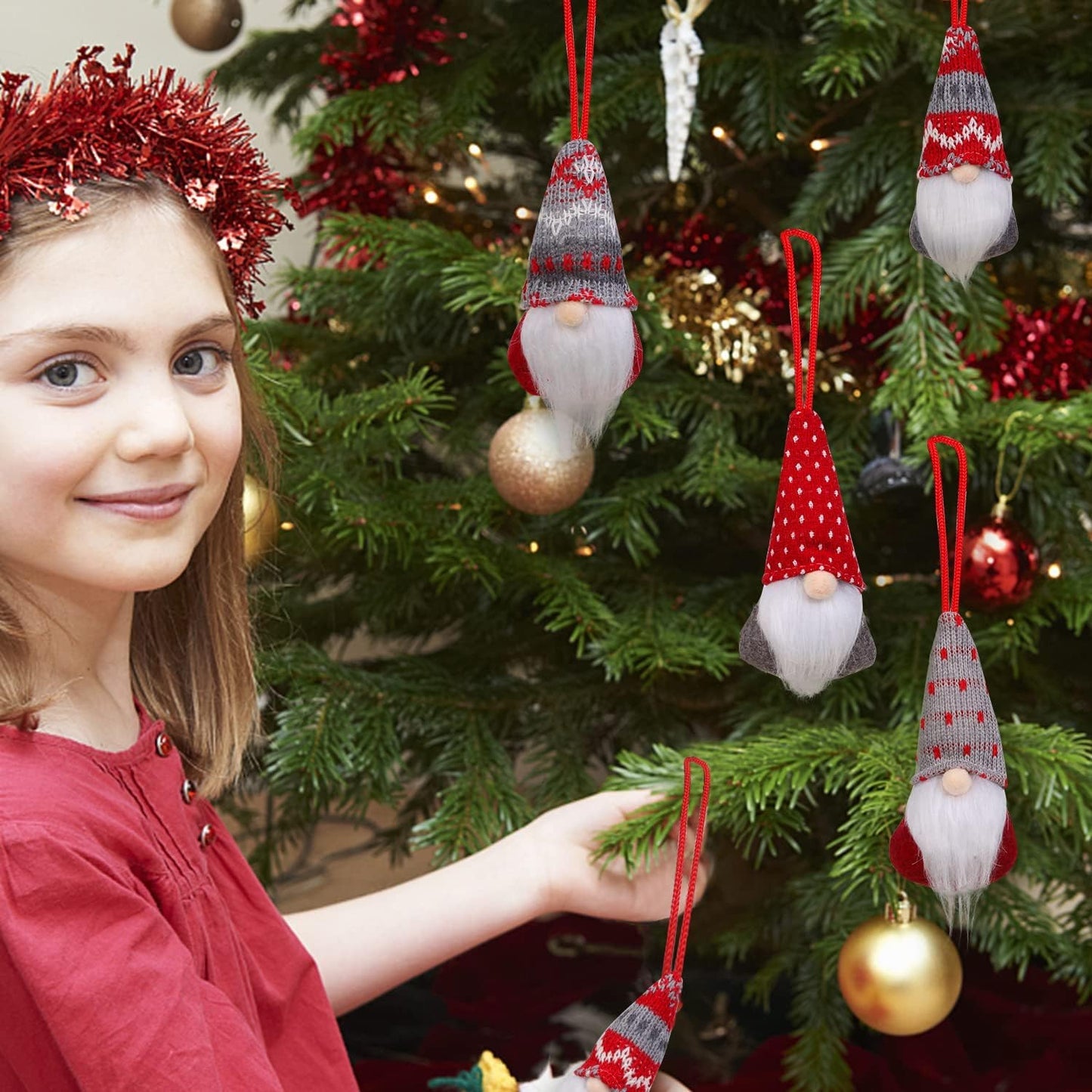 Set of 8 Christmas Gnome Hanging Ornaments, Handmade Swedish Plush Santa and Elf Decorations for Xmas Tree