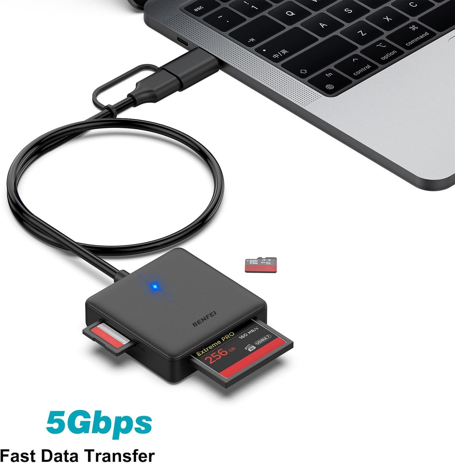 Memory Card Reader, BENFEI 4in1 USB 3.0 and USB-C to SD Micro SD MS CF Card Reader Adapter, 4 Cards Simultaneously Read and Write, Compatible with iPhone 15 series, MacBook Pro/Air 2023, and More