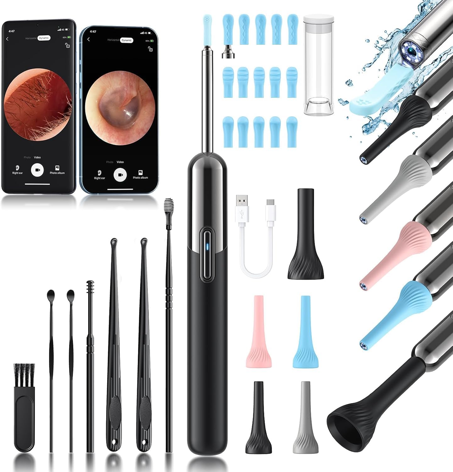 Ear Wax Removal Kit - Ear Cleaner with Camera, Camera with 6 Silicon Ear Spoon with 1080P, Ear Camera with LED Light, Ear Cleaning Kit for iPhone, iPad, Android -Black