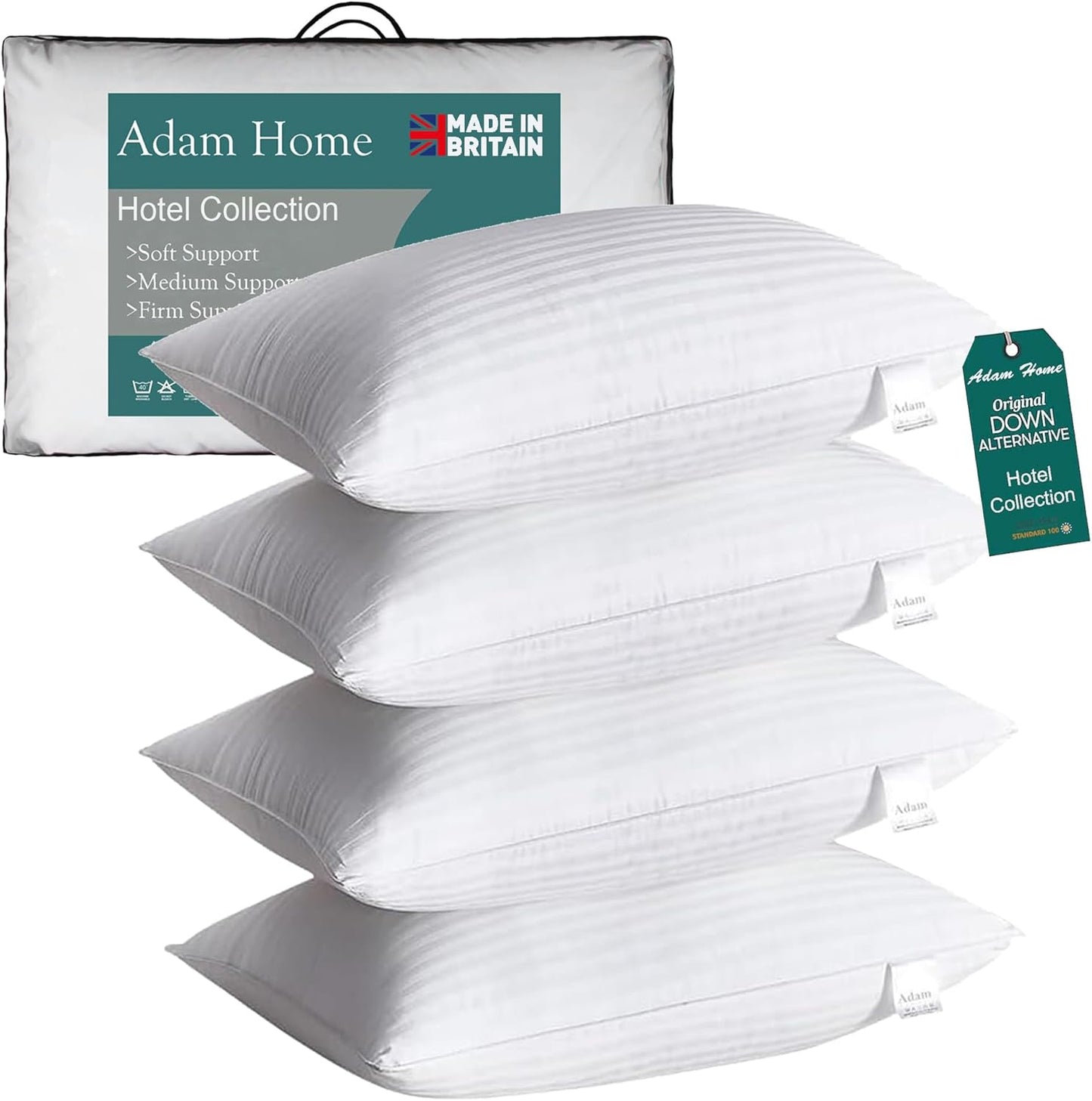 Adam Home Pillows 4 Pack Hotel Quality Side Sleeper Bounce Back Bed Pillow Hypoallergenic & Anti Dust Mite Resistant Premium Filled Hotel Pillows Pack of 4