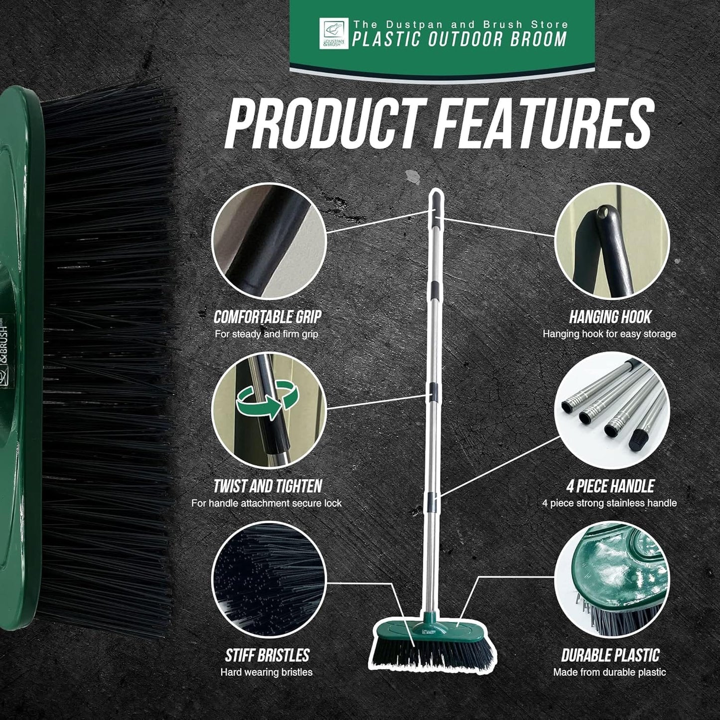 Yard Broom Outdoor Heavy Duty, 10” Garden Broom Synthetic Hard Bristle Brush Head with Strong Handle, Stiff Sweeping Brush Outdoor