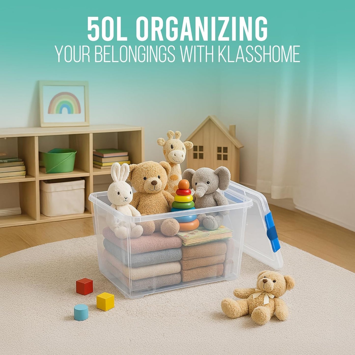 Klass Home Collection 3 x 50 Litre Storage Boxes with Lids Set of 3, Clip-Lock Lid, Sturdy 50L Clear Stackable Plastic Storage Box With Lid Containers For Home, Kitchen, Moving, Garage & Office