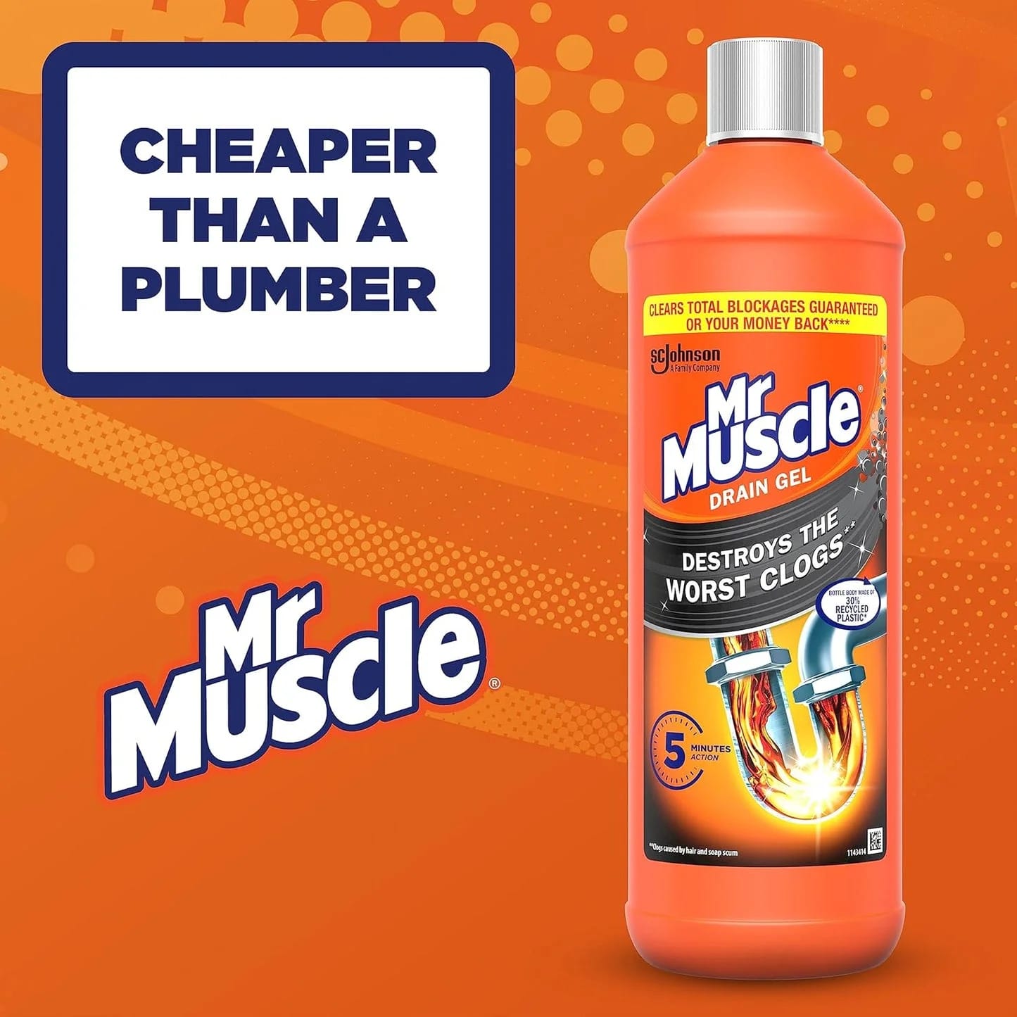 Mr Muscle Drain Unblocker, Sink & Drain Cleaner, Fast Acting Heavy Duty Gel Formula, Dissolves Clogs, Works 3x Better Than Bleach, Safe for All Pipes, Duo Pack, (2 x 1L)