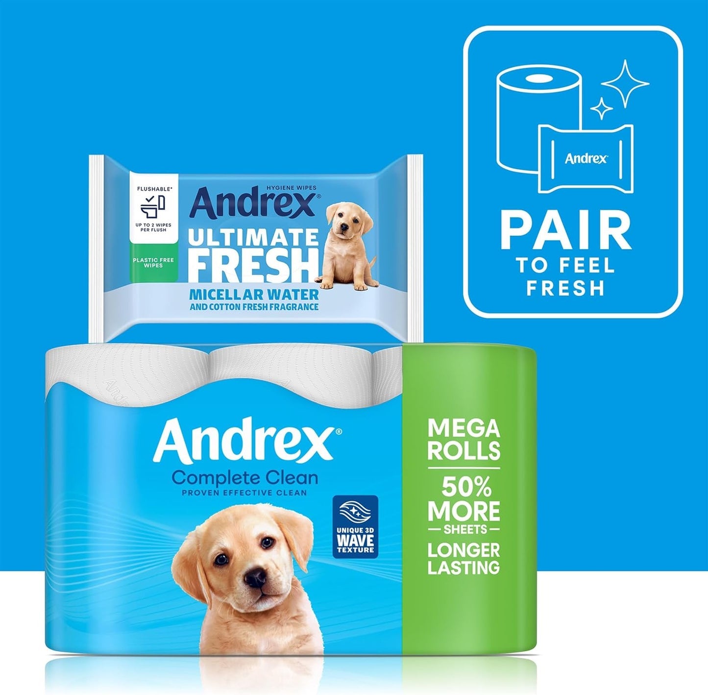 Andrex Complete Clean 12 Mega Toilet Rolls= 18 Standard Toilet Rolls, 50% Longer Lasting Paper with unique 3D Wave Texture for a Proven, Effective Clean, FSC Certified