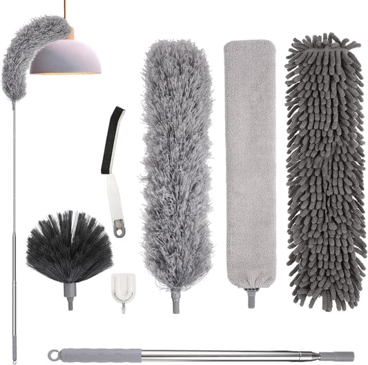 Feather Duster,Extendable Duster Microfiber Long Extension Pole Scratch Resistant Cover, Washable, Cleaning High Ceiling Fans, Blinds, Cobweb (Grey)