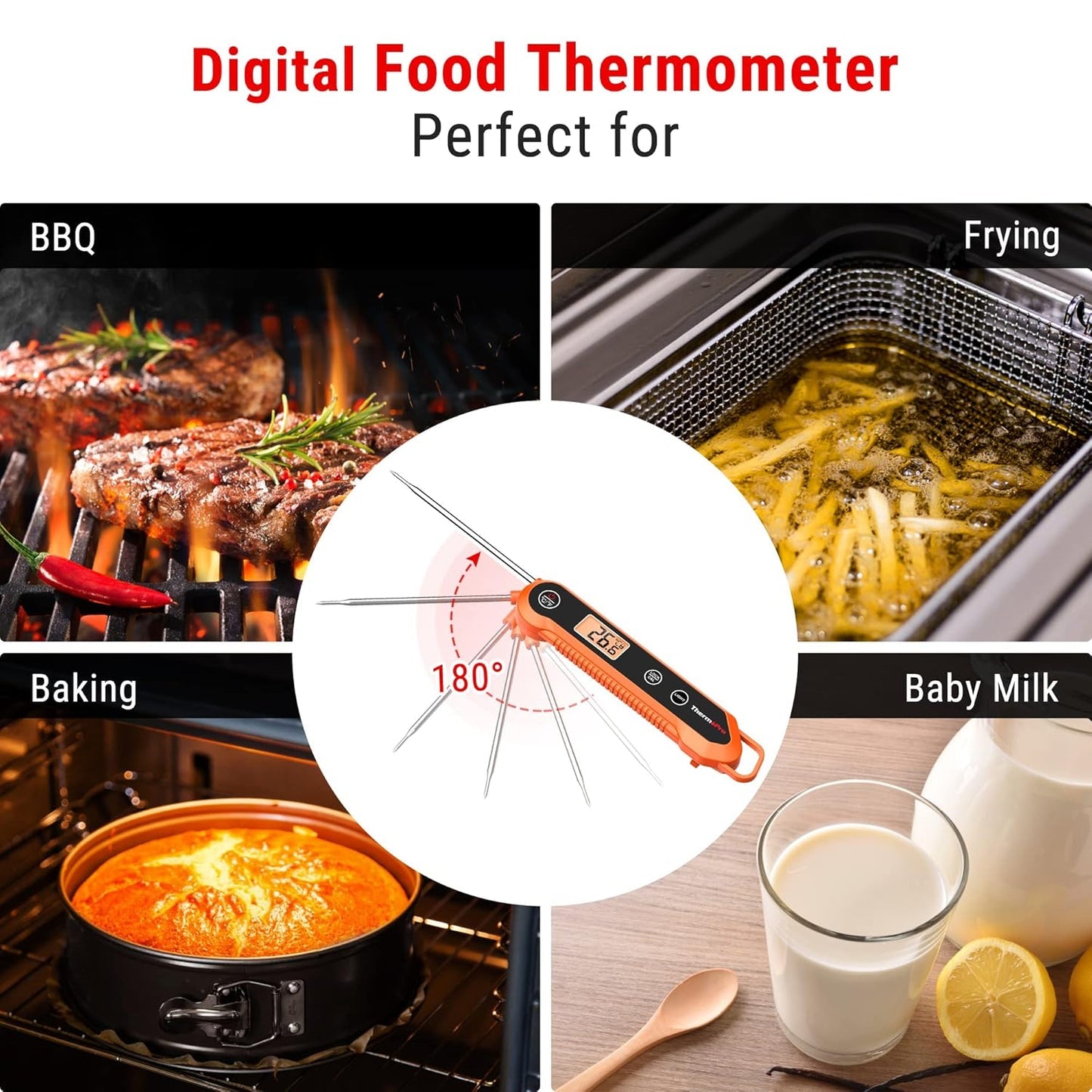 ThermoPro TP03H Meat Thermometer with IPX6 Waterproof, Food Thermometer Foldable Food Temperature Probe with LCD Backlight Calibration Lock Fuction, Kitchen Digital Instant Read Probe for Oil Jam Milk
