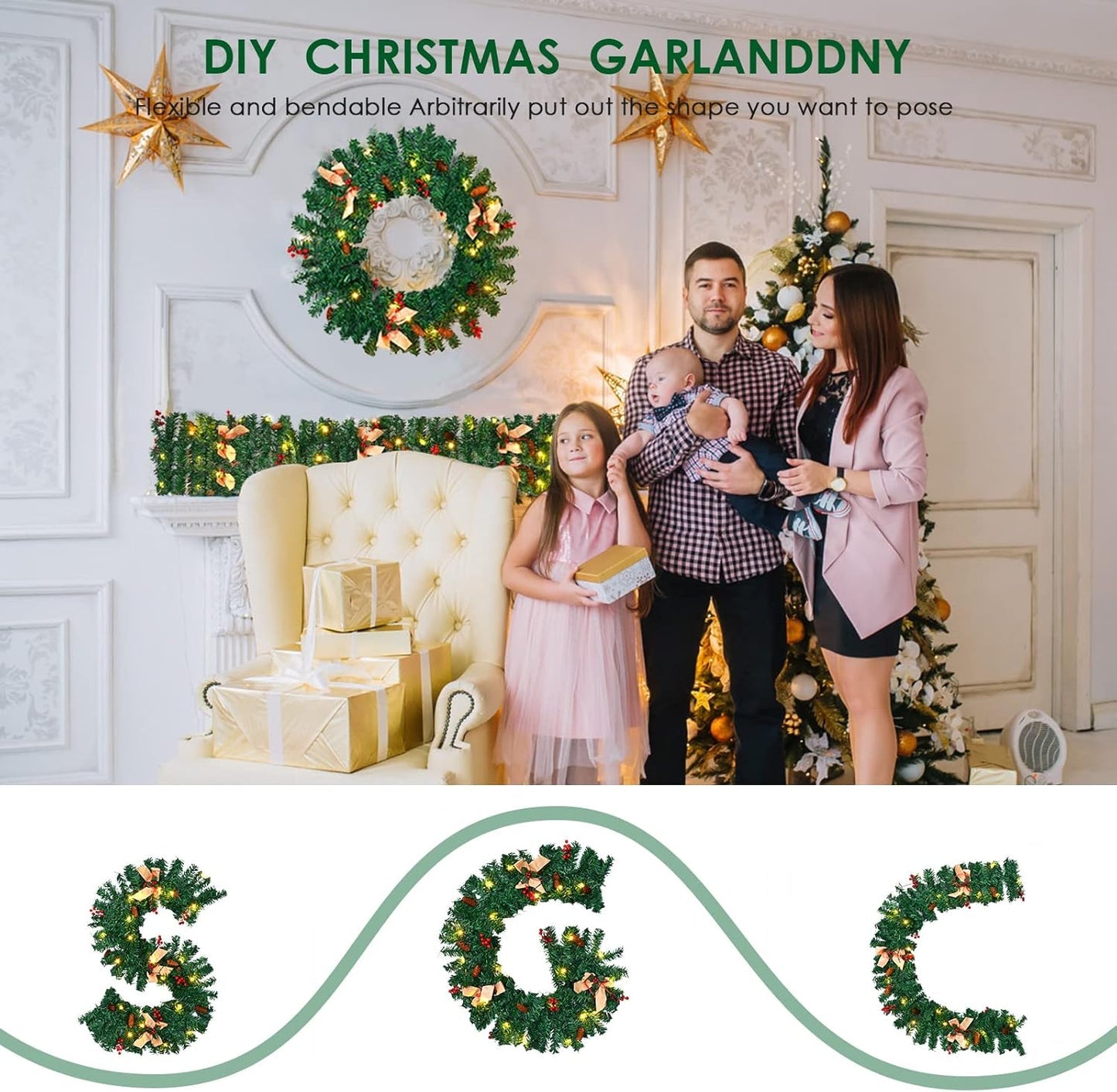 1.8m/6ft Artificial Christmas Garland with 50 LED Lights, Pine Cones, Berries, and Bow for Fireplace, Stairs, Tree, Front Door, and Holiday Decoration