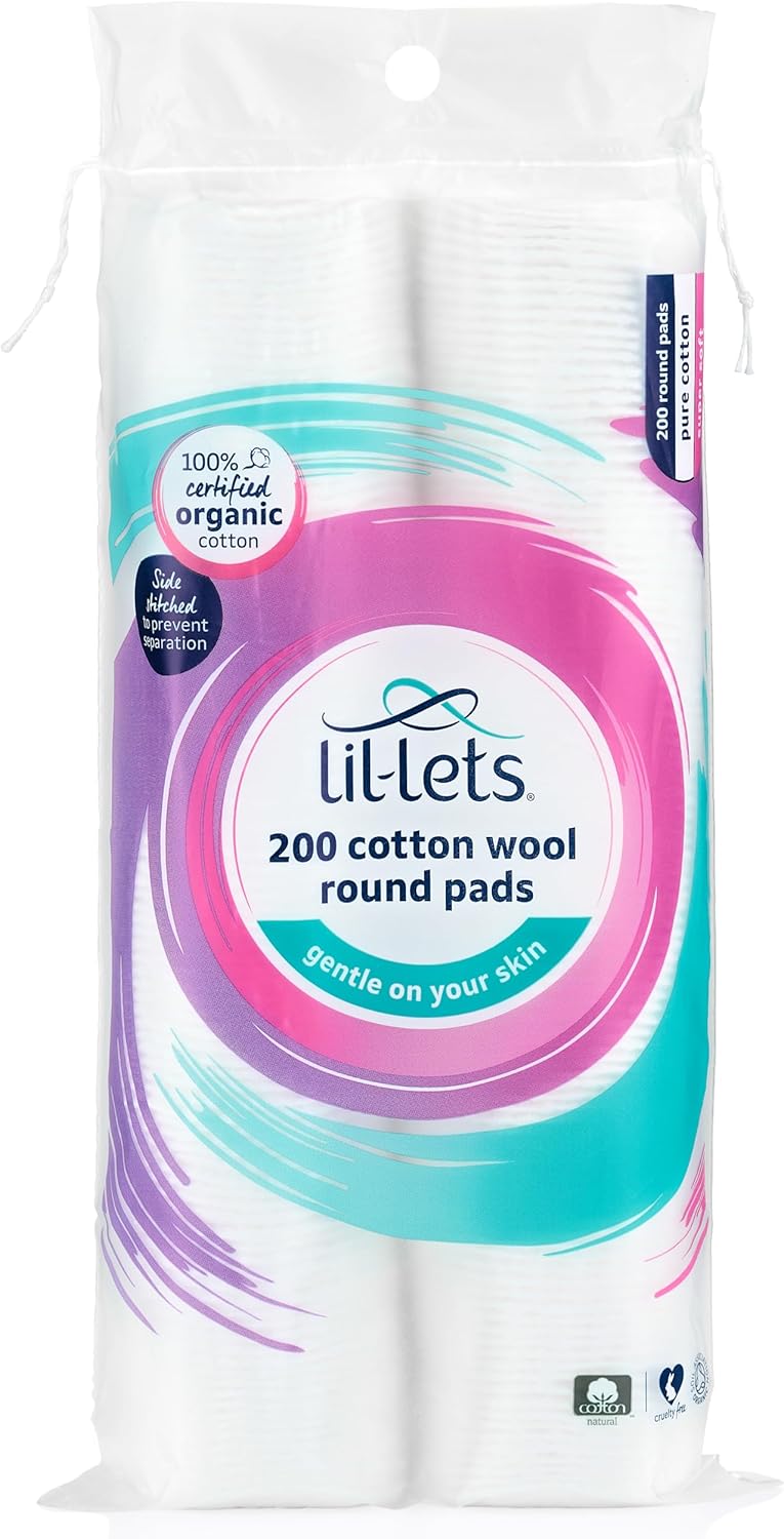 Lil-Lets Cotton Wool Round Pads, 200 Count, Certified Organic, 100% Pure Cotton Wool, Soft and Absorbent, Gentle on Skin, Dermatologically Tested, Bulk Pack
