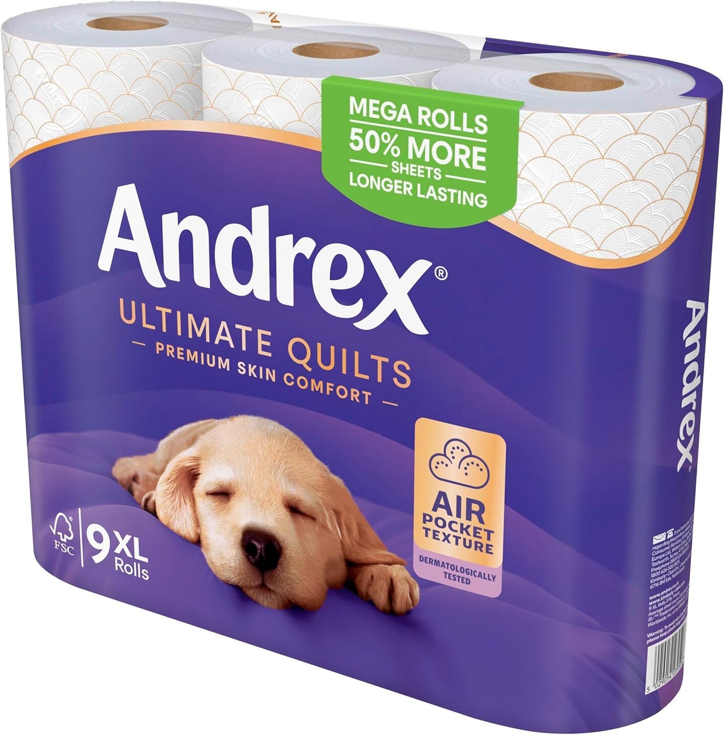 Andrex Ultimate Quilts 9 Mega Toilet Rolls = 13.5 Standard Toilet Rolls, 50% Longer Lasting Paper, Air Pocket Technology for Soft, Thick Sheets, FSC Certified