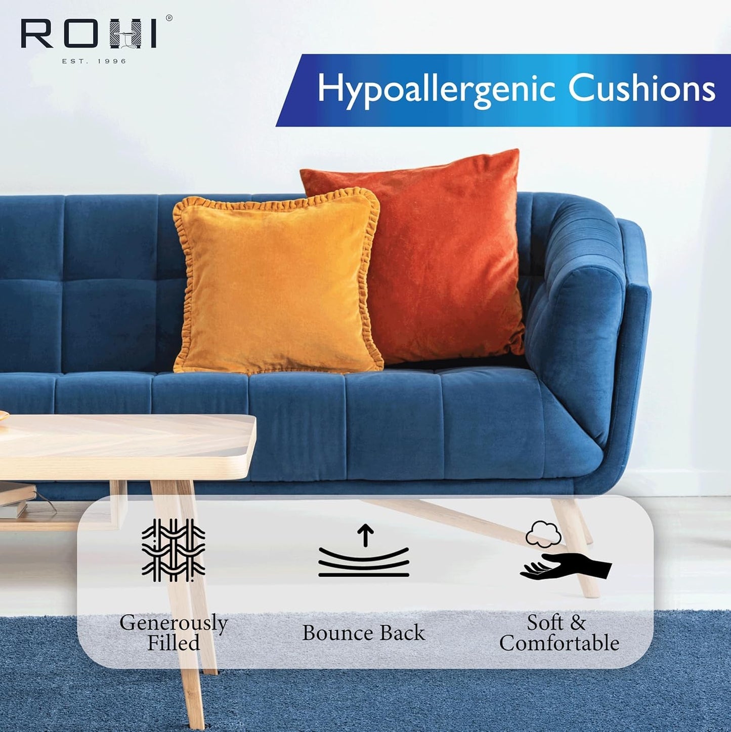 Rohi Set of 4 Hypoallergenic Cushion pads 45cm x 45cm - White polyster square Cushions - Standard stuffer pack of Cushion inserts 45cm x 45cm (Pack of 4 | 18"x18")