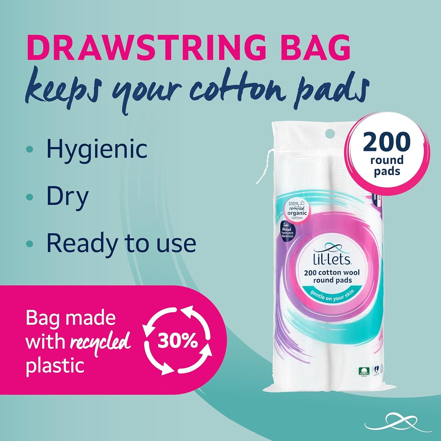 Lil-Lets Cotton Wool Round Pads, 200 Count, Certified Organic, 100% Pure Cotton Wool, Soft and Absorbent, Gentle on Skin, Dermatologically Tested, Bulk Pack