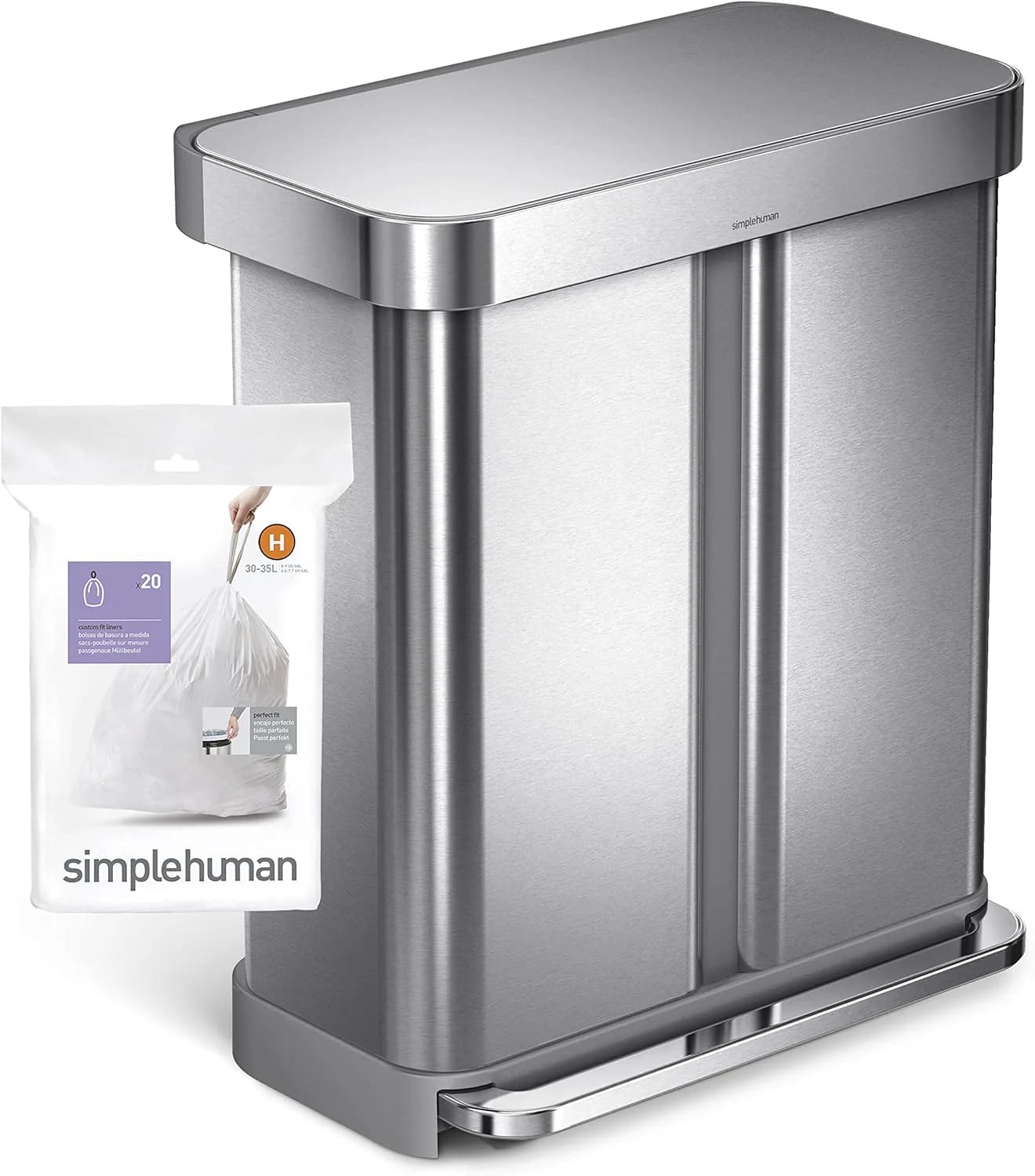 simplehuman Code H 60 Liners, 50% Recycled Custom Fit Bin Bags in Dispenser Packs with Durable Drawstring Tie Handle, 30-35L, White