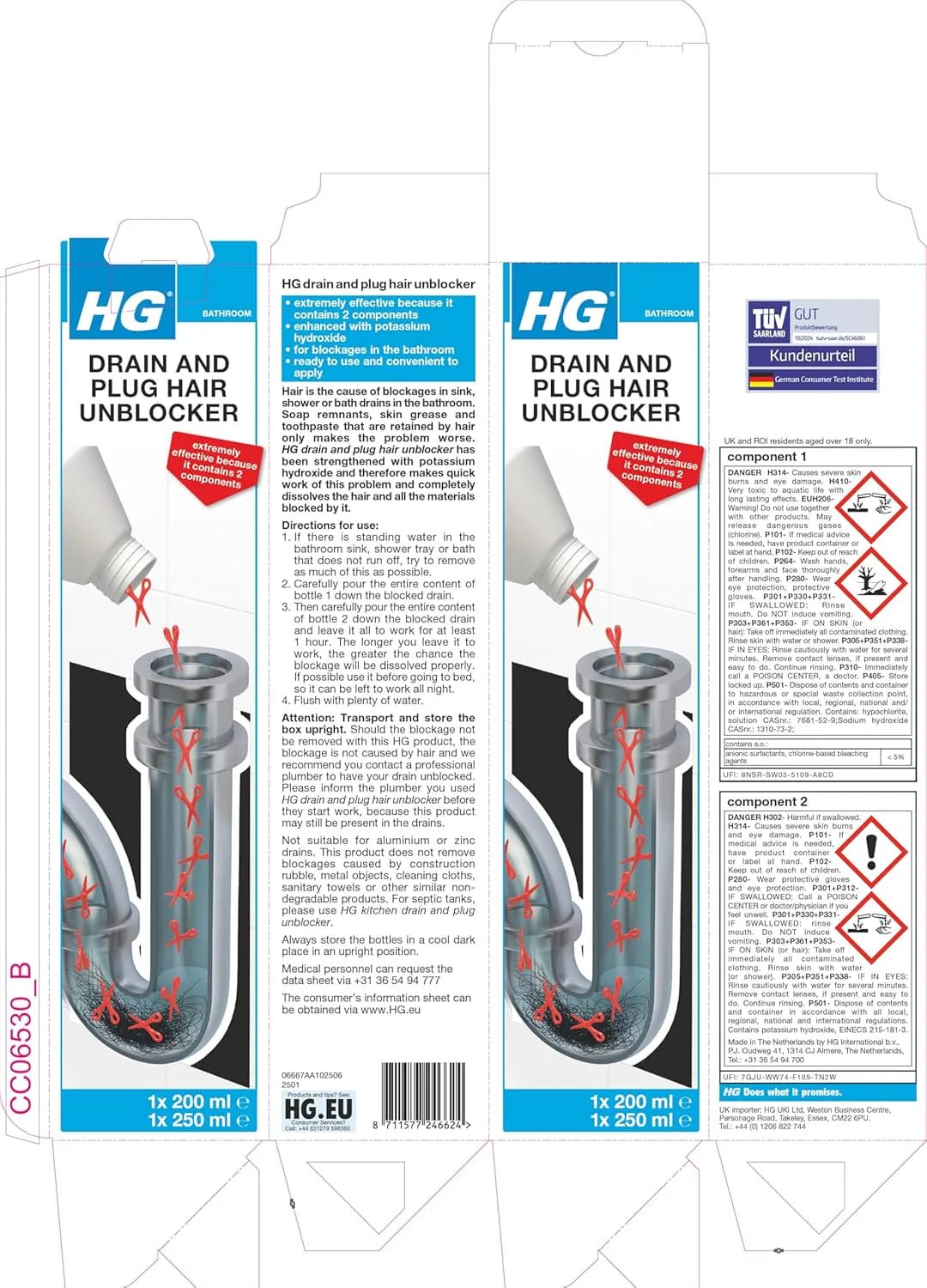 HG Drain and Plug Hair Unblocker, Removes Hair from Shower, Bath, and Sink Plug Holes, Unblocks Pipes & Drains Quickly & Easily - 200 ml + 250 ml