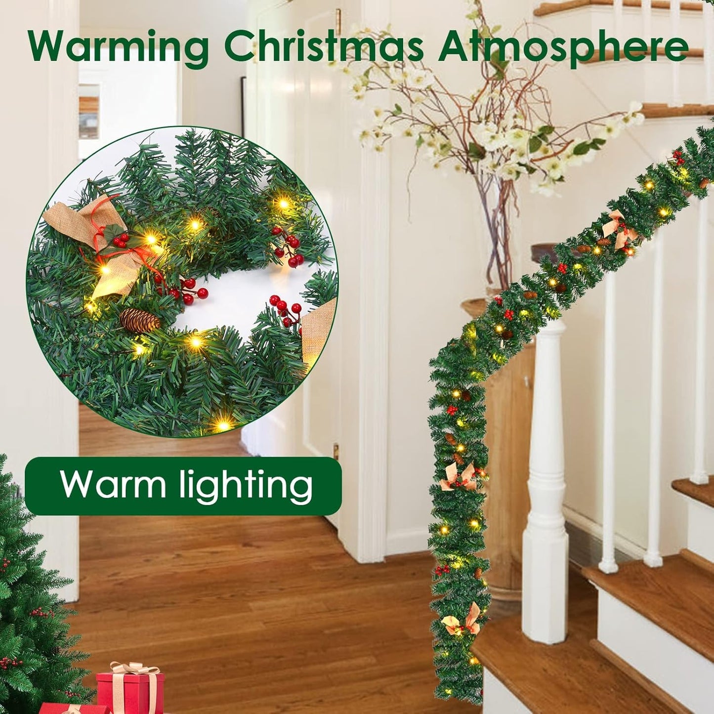 1.8m/6ft Artificial Christmas Garland with 50 LED Lights, Pine Cones, Berries, and Bow for Fireplace, Stairs, Tree, Front Door, and Holiday Decoration