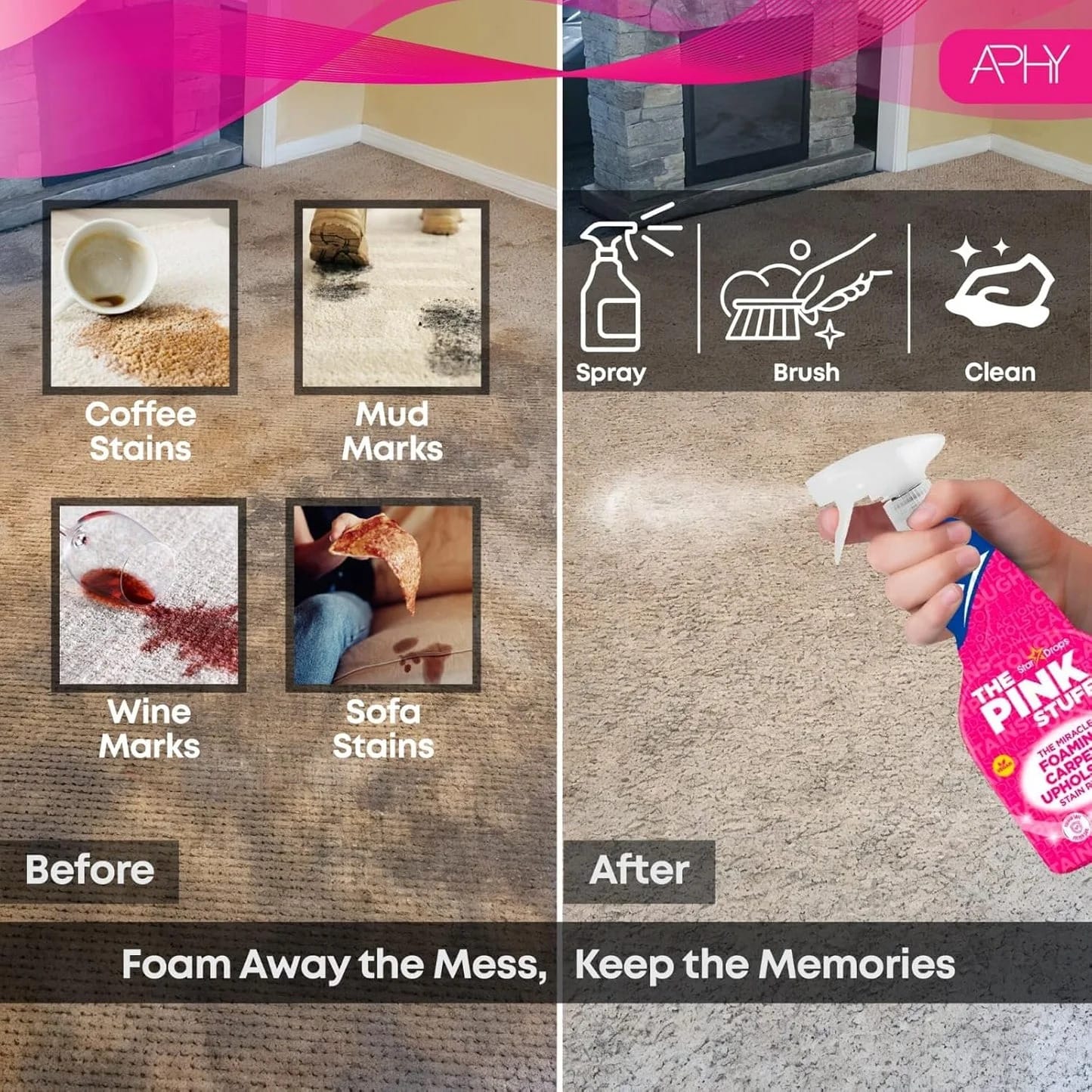 Pink Stuff Carpet & Upholstery Cleaner 500ml + Scrubbing Brush | Tough Stain Remover for Sofas, Carpets, Rugs & Car Interiors | Deep Clean, Easy to Use, Odor-Free & Fast Drying