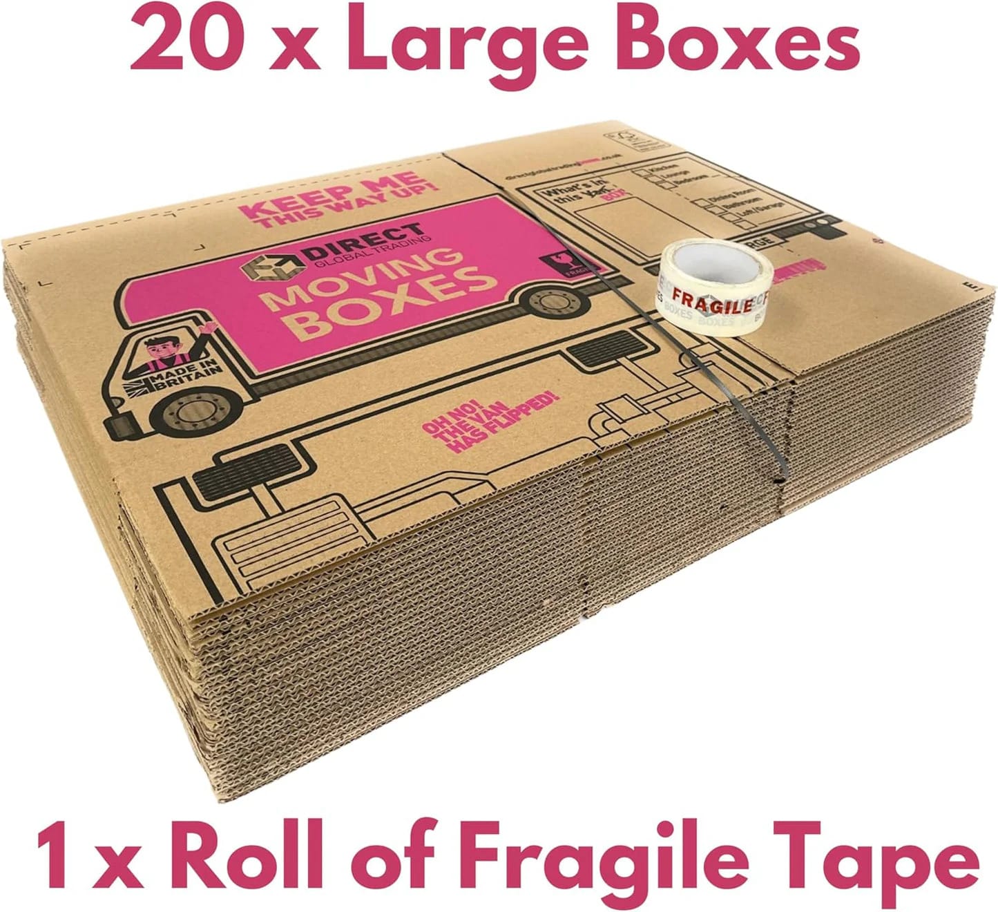 20 Strong Large Cardboard Storage Packing Moving House Boxes with Fragile Tape 52cm x 30cm x 30cm 47 Litres Carry Handles and Room List