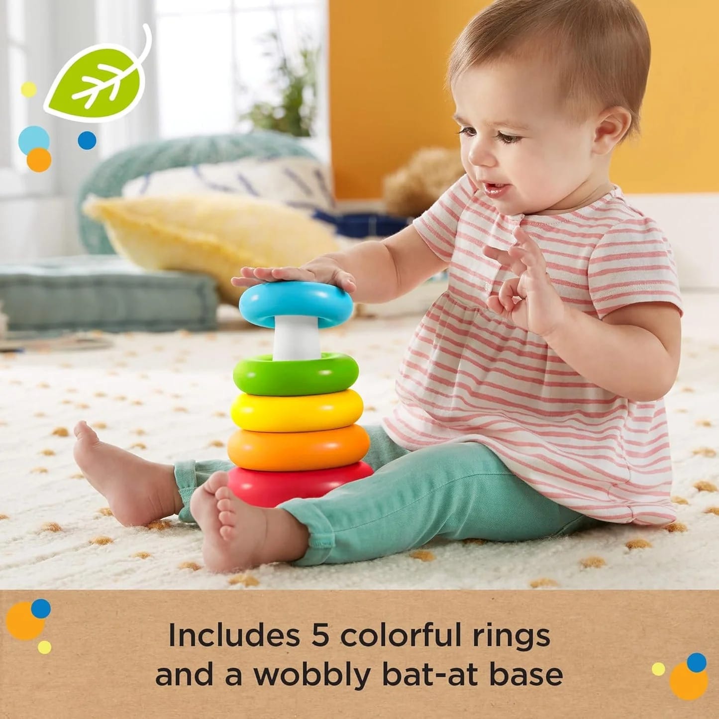 Fisher-Price Rock-a-Stack Baby Toy, Classic Roly-Poly Ring Stacking Toy for Infants and Toddlers, Made From Plant-Based Materials, HPY92