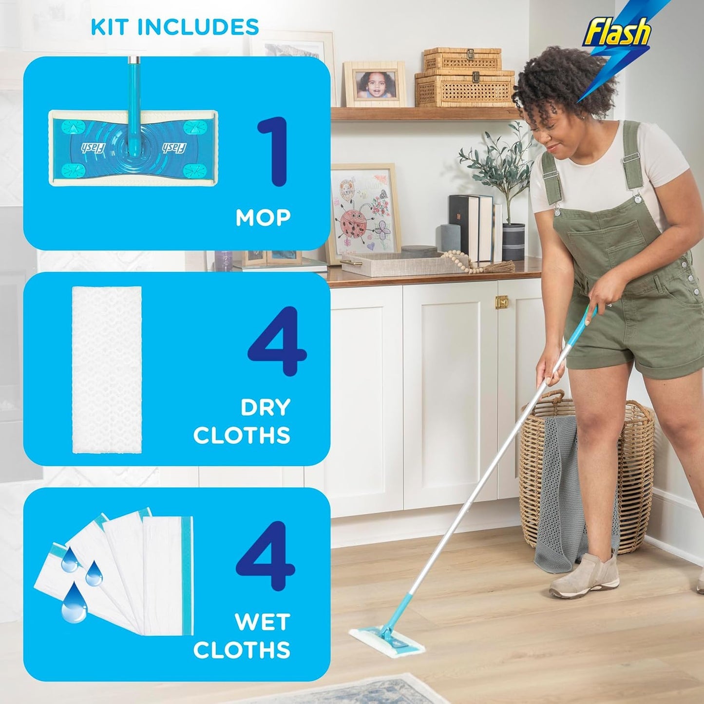 Flash Speedmop Floor Cleaner Starter Kit, 1 Handle with 4 Wet and 4 Dry Refills