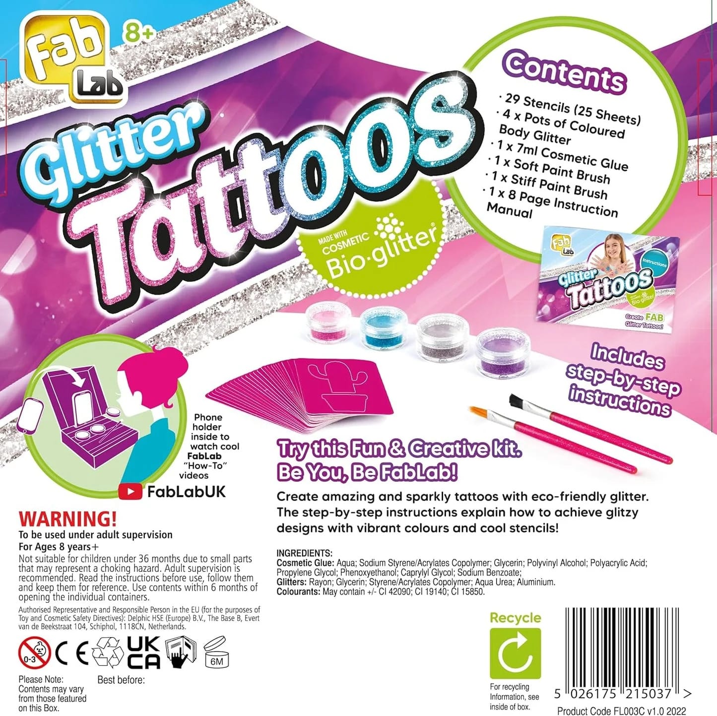 FabLab Glitter Tattoos | Create FAB Glittery Kids Tattoos! | Includes 28 Stencils and 4 Sparkly Colours of Bio-Glitter | Girls Gifts for Ages 8+