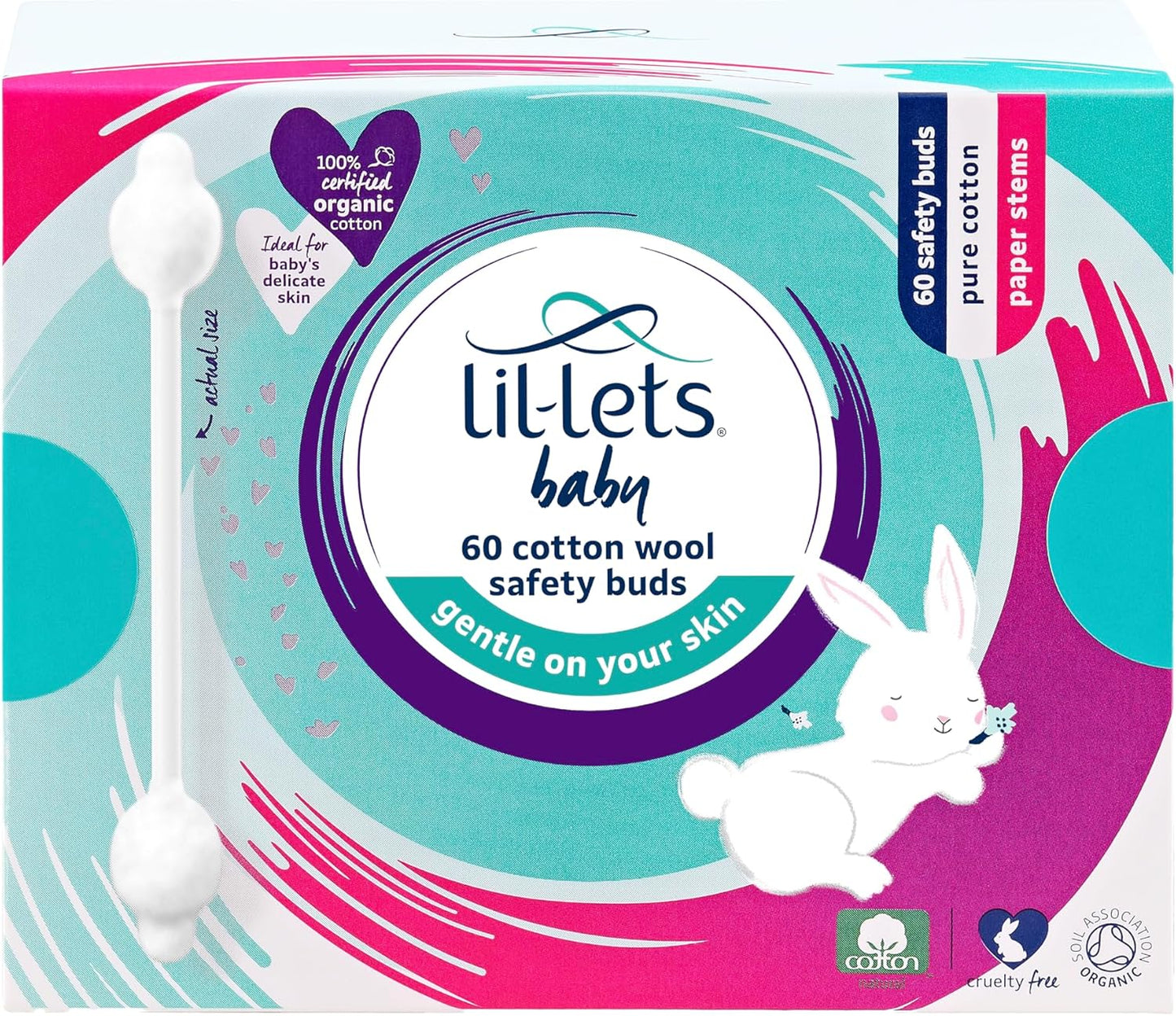 "Lil-Lets Baby Cotton Wool Oval Pads, 50 Pack, 100% Pure Organic Cotton, Dermatologically Tested, Soft and Absorbent for Newborns"