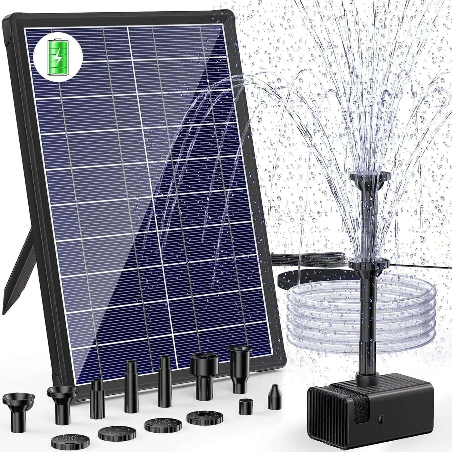 Biling Solar Water Pump with Battery Backup, 7.5W Solar Pond Fountain with 3600mAh Battery 10 Nozzles Solar Fountain with 5ft Tubing Water Features for Garden Ponds Pool Fish Tank Waterfall