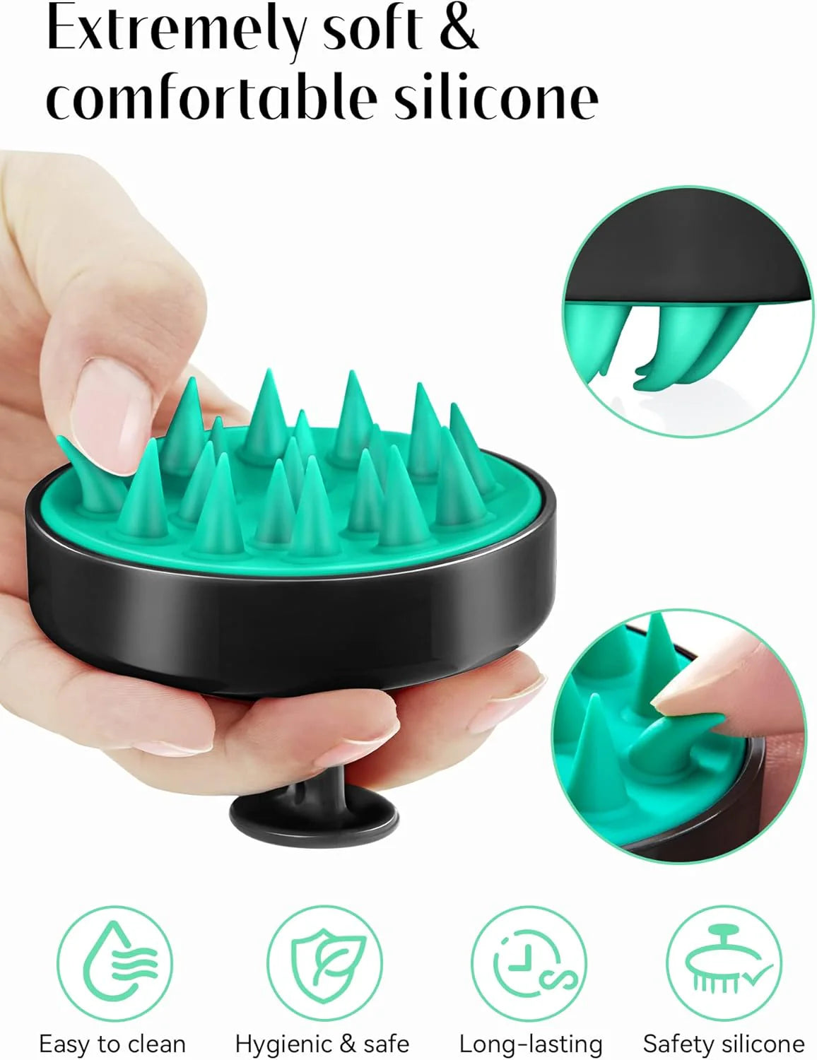 HEETA Scalp Massager Shampoo Brush with Soft Silicone Bristles, Ergonomic Hair Care and Head Massage Brush for Women, Men, and Pets, Black and Turquoise