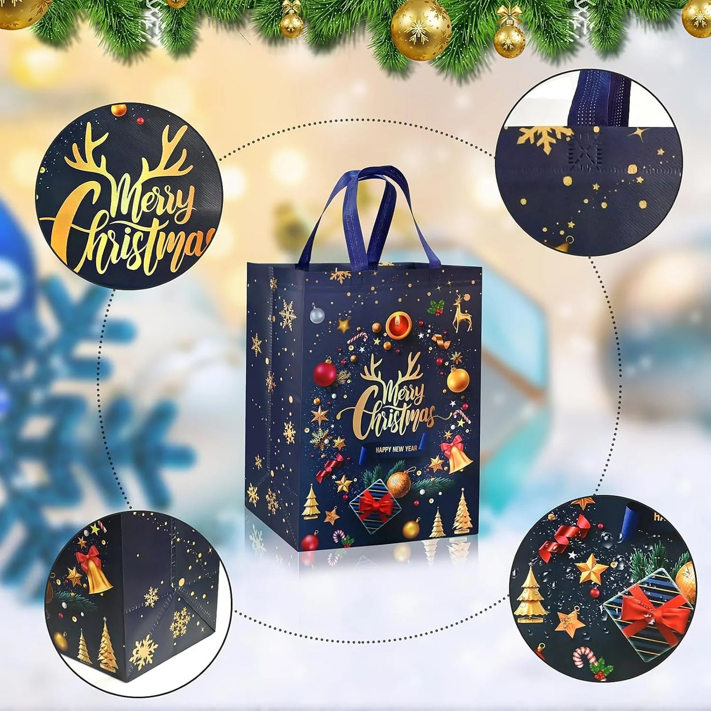 ADQUATOR 4-Pack Large Christmas Tote Bags, Black & Gold, Non-Woven Reusable Gift Bags with Handles for Holiday Party & Shopping