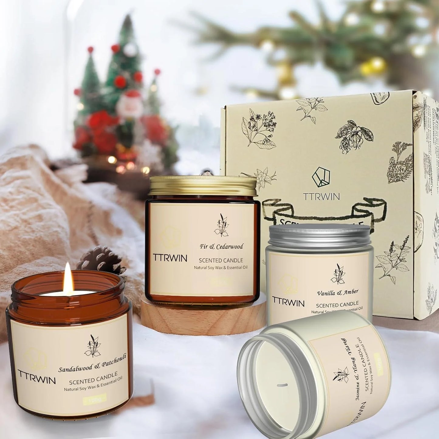 TTRWIN 4-Pack Scented Soy Candles Gift Set, Jasmine, Sandalwood, Fir, Vanilla Scents, Aromatherapy for Christmas & Birthday