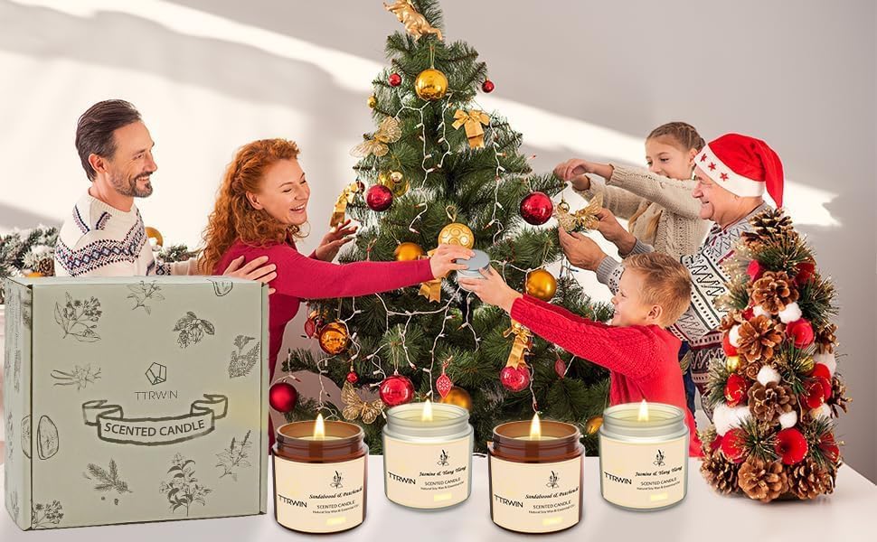TTRWIN 4-Pack Scented Soy Candles Gift Set, Jasmine, Sandalwood, Fir, Vanilla Scents, Aromatherapy for Christmas & Birthday