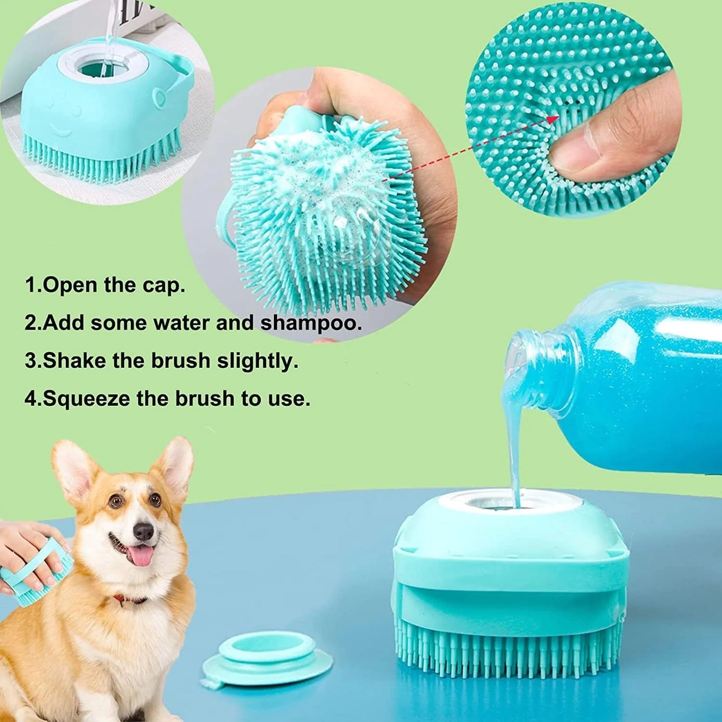 Dog Cat Bath Brush Soft Silicone Dog Rubber Bathing Brush Pet Grooming Shampoo Dispenser Brushes Puppy Cats Shower Hair Fur Grooming Cleaning Scrubber for Short Haired Dogs Cats Shower - Green