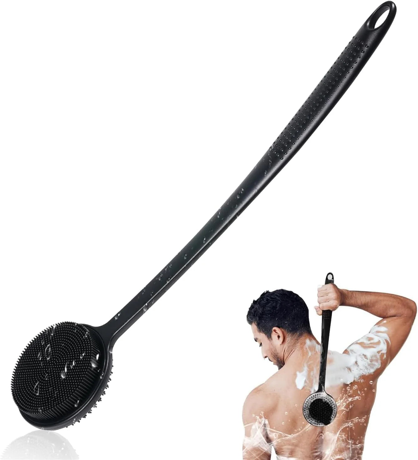Silicone Body Scrubber with Long Handle, Double-Sided Shower Brush for Exfoliating and Massage