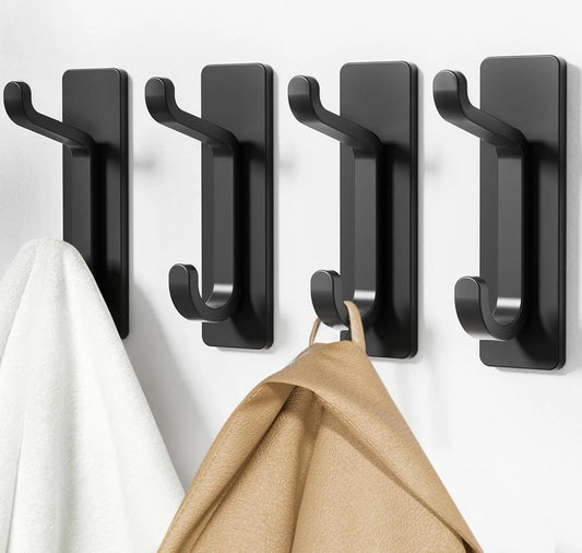 Self Adhesive Hooks, Extra Sticky and Strong, Hanging up to 6KG, Heavy Duty Stick on, No-Nail Hook for Back of Door, Black, 4 Pack