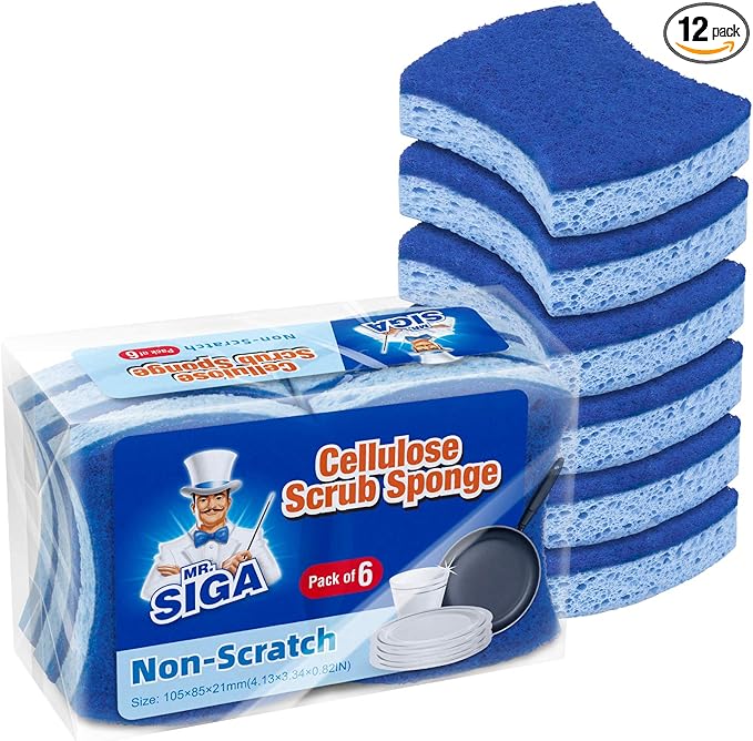 MR.SIGA Non-Scratch Cellulose Scrub Sponge, Dual-Sided Dishwashing Sponge for Kitchen, 12 Pack