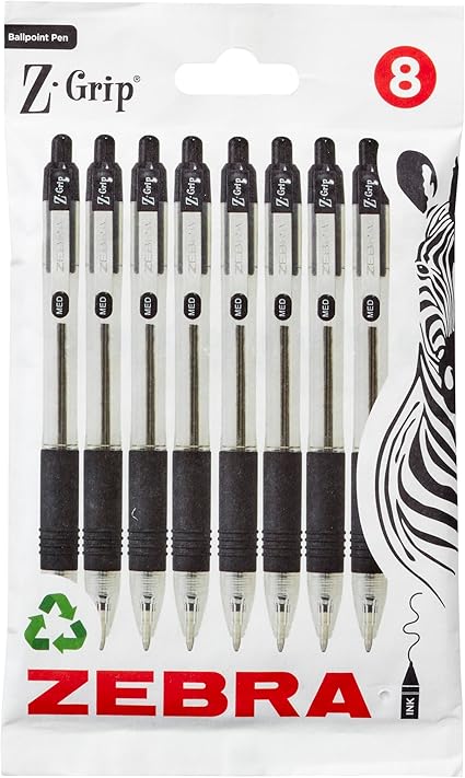 Zebra Z-Grip Black Ballpoint Pens, 8-Pack, Retractable with Pocket Clip, Black Ink, Multipack for Everyday Use