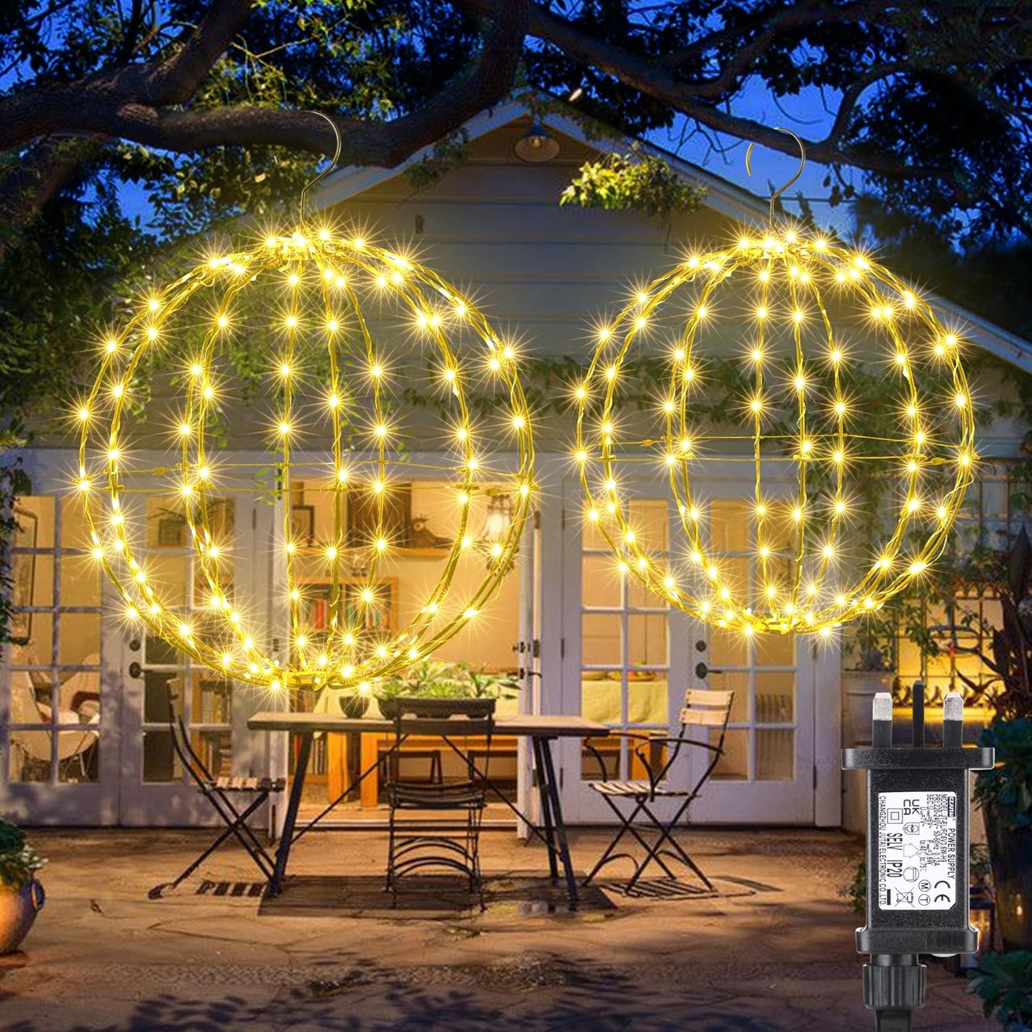 iBaycon Outdoor Christmas Hanging Ball Lights, Warm White LED Fairy Lights with Timer, Waterproof Foldable Sphere Decorations, Mains Powered, 2 Pack (33cm & 28cm)