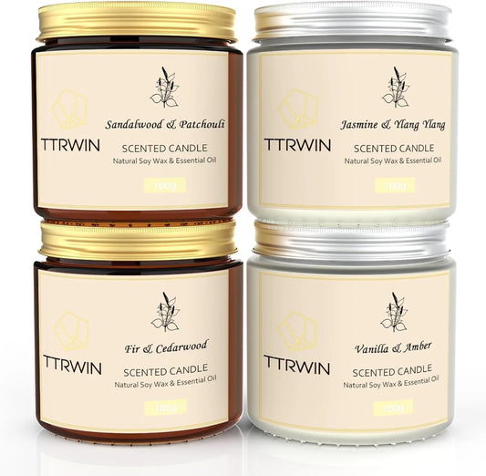 TTRWIN 4-Pack Scented Soy Candles Gift Set, Jasmine, Sandalwood, Fir, Vanilla Scents, Aromatherapy for Christmas & Birthday