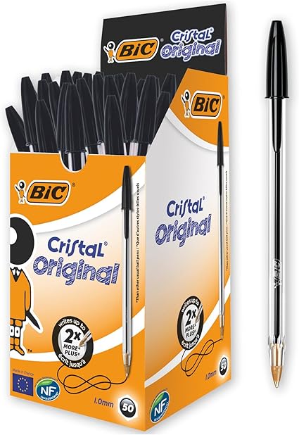 BIC Cristal Original Smudge Free Ballpoint Pens, Ideal for School, Black, Medium Point (1.0mm), Pack of 50
